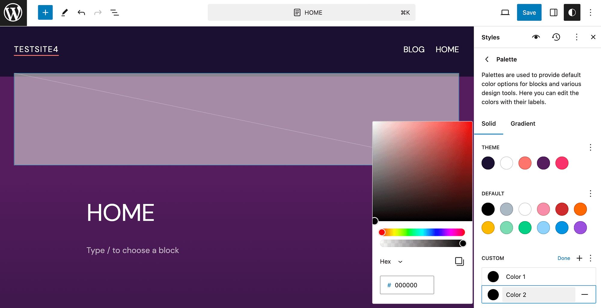 Adding a custom color to a block theme.