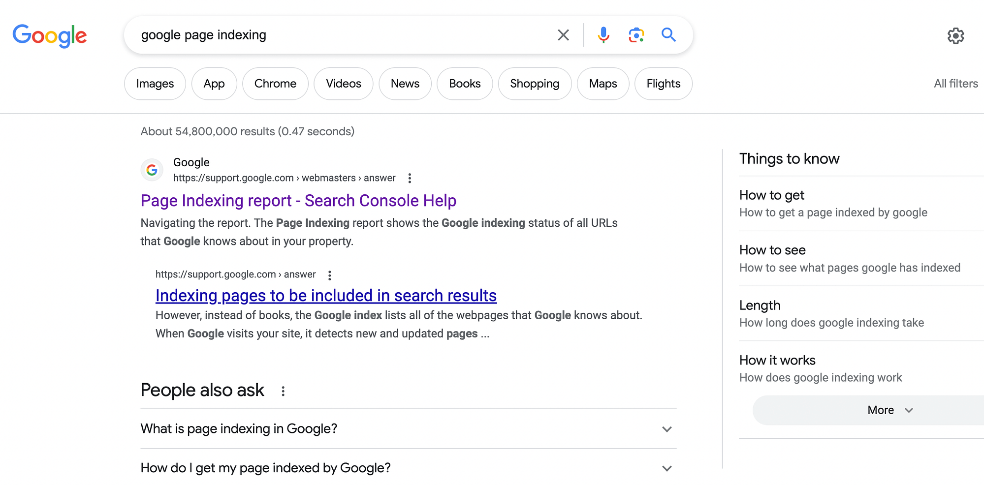 A sample Google search result for the search term "google page indexing".