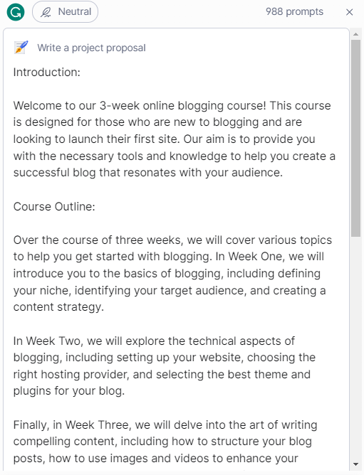 GrammarlyGO example of an AI-generated course proposal.