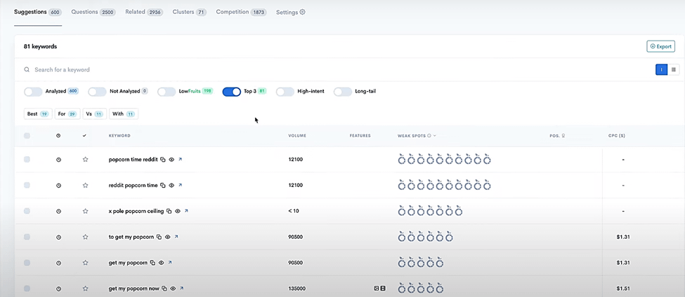 LowFruits generating long tail keywords.