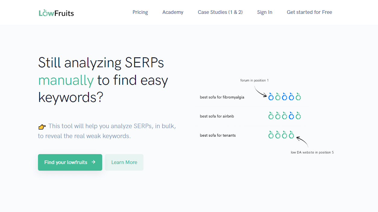 LowFruits long tail keyword generator homepage.