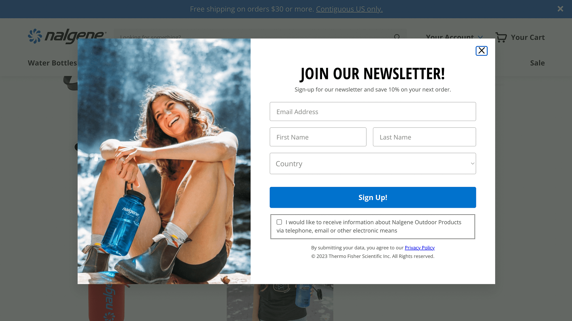 An example of a popup notification from the Nalgene website.