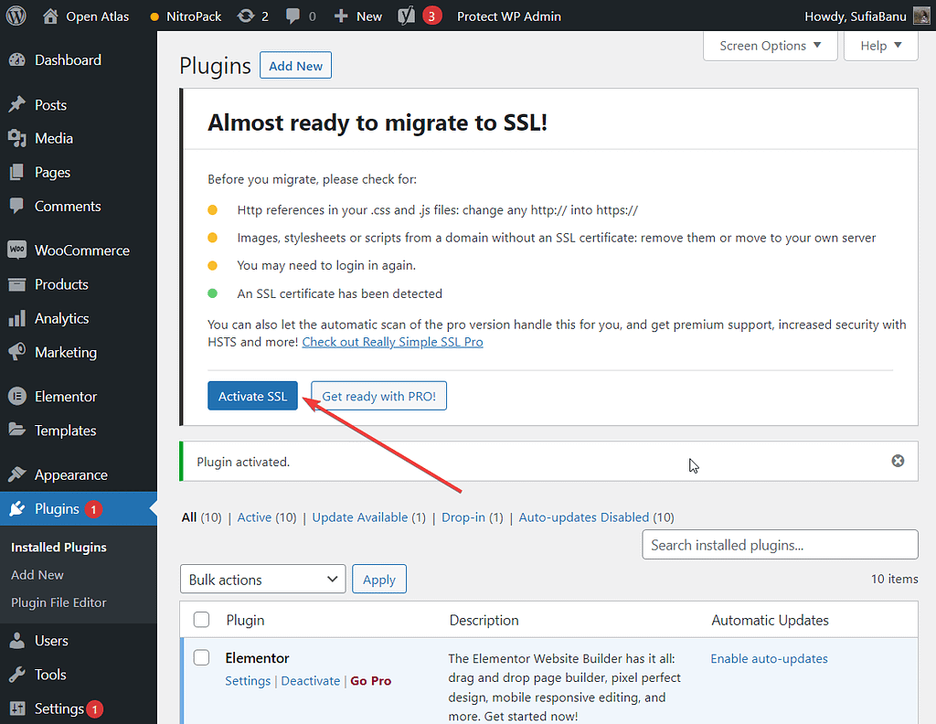 really simple ssl plugin activation - Updating failed. The response is not a valid JSON response.