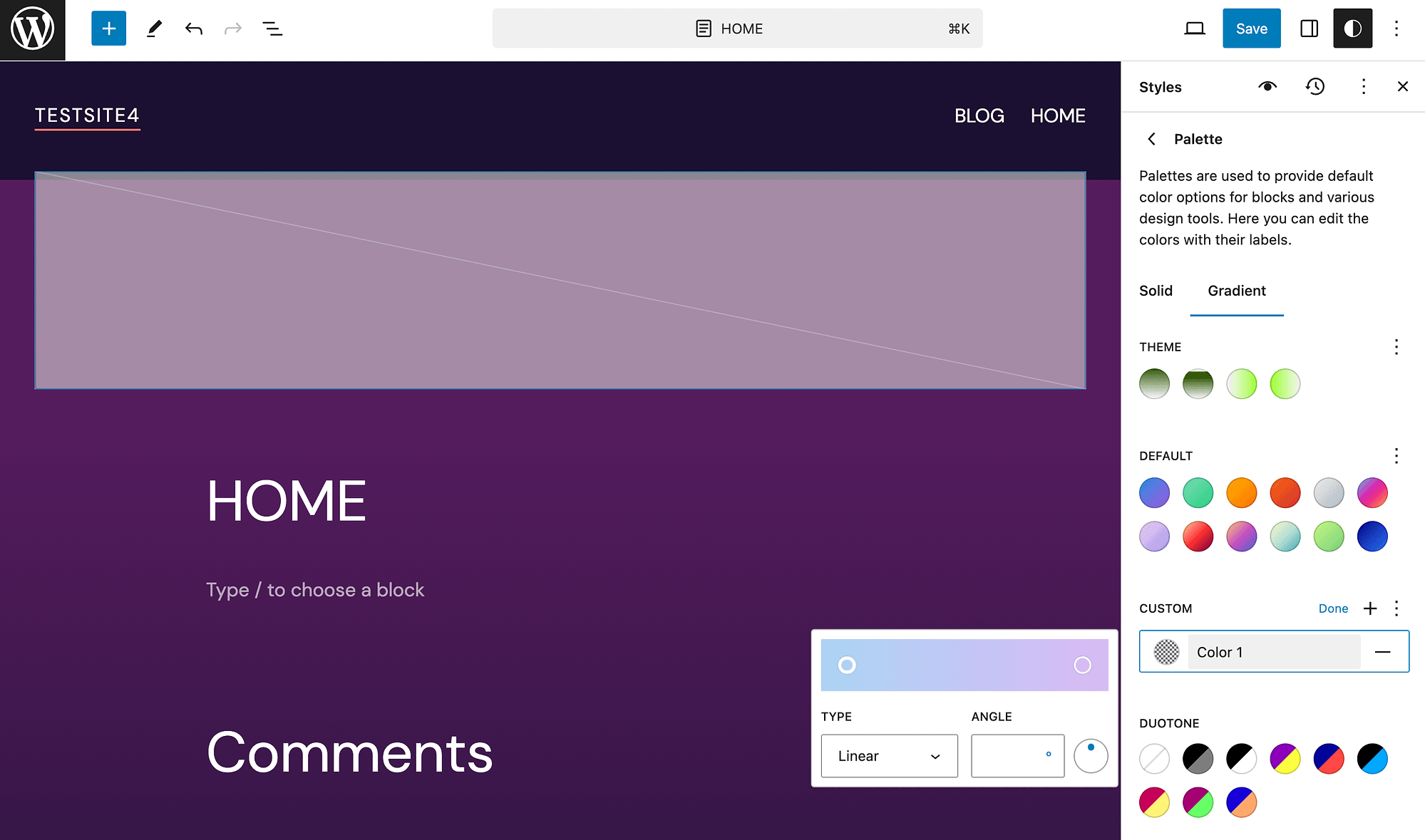 Selecting a color gradient for a WordPress block.