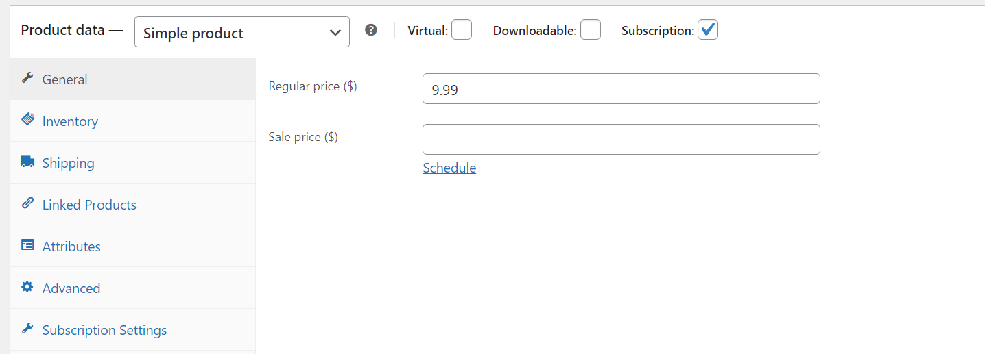 Creating a subscription product in WooCommerce.