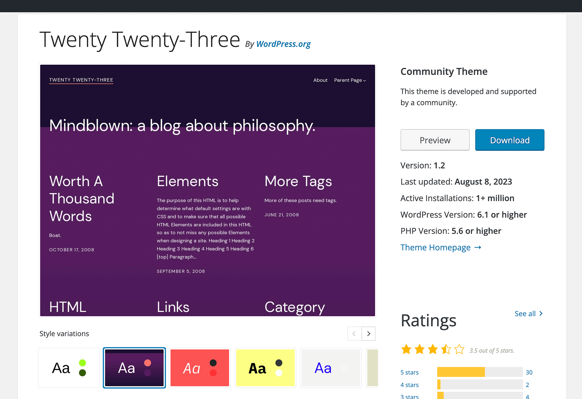 Twenty Twenty-Three theme's style variations.