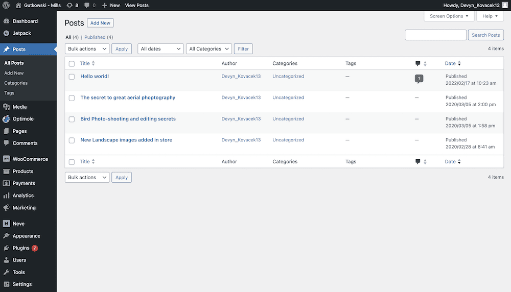 The WordPress dashboard showing a list of posts.